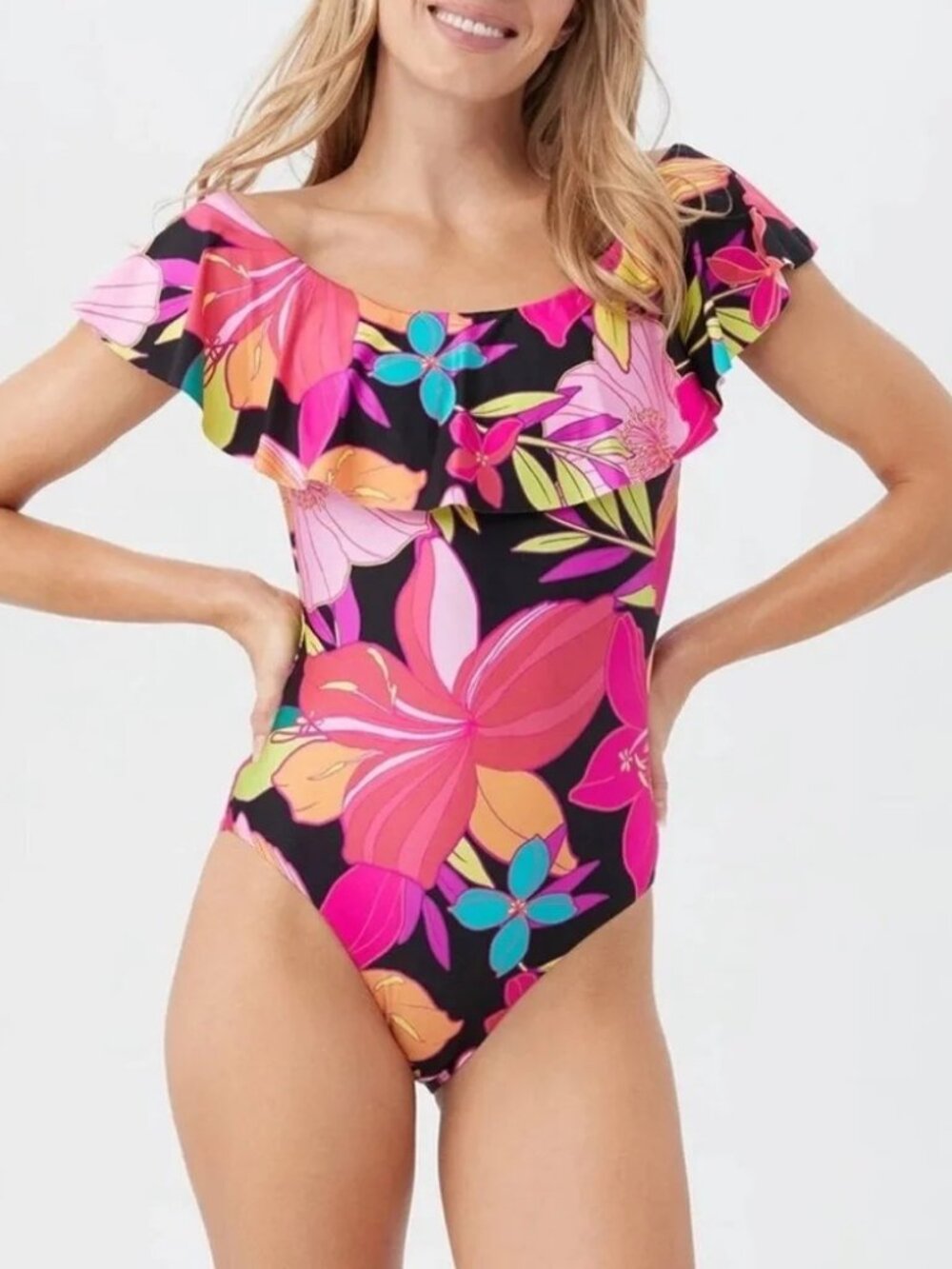 Trina Turk Solar Floral Ruffle Off the Shoulder One-Piece Swimsuit ** Size 10